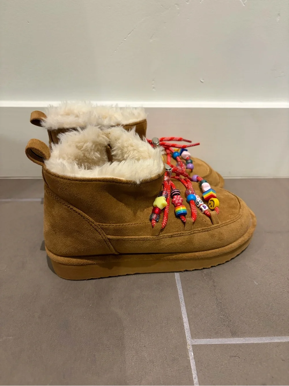 Steve Madden Tan Faux-Fur Ankle Boots with Colorful Beaded Laces